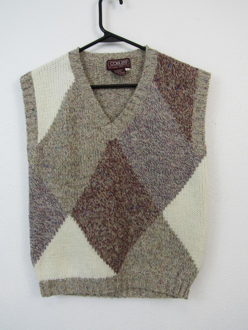 Corliss Small Vintage Sweater Vest Heathered Argyle Knit V Neck Slouchy Grandpa